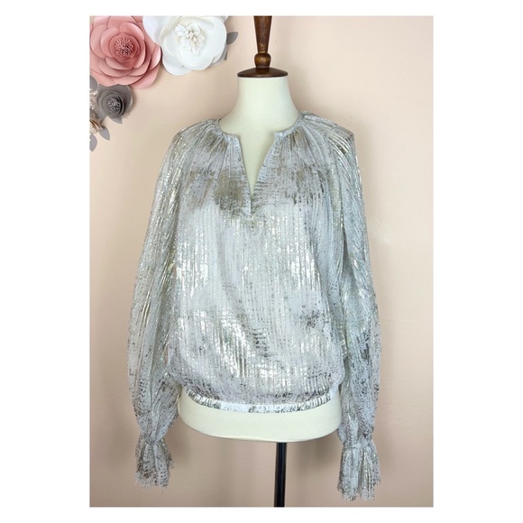 New! RAMY BROOK Metallic Tulle Balloon Sleeve Peasant Blouse - Picture 2 of 9